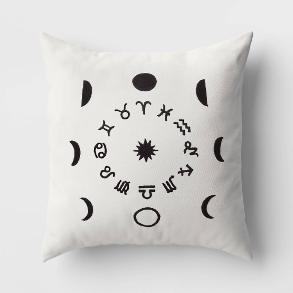 Zodiac Moon Phase Square Throw Pillow Ivory/Black - nwt Halloween